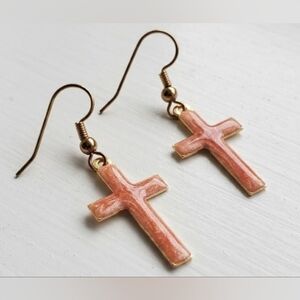 Peach Pink Enamel Cross Drop Earrings Gold Tone Dangle Dainty